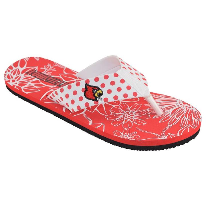 Women's College Edition Louisville Cardinals Floral Polka-dot Flip-flops, Size: Large, White