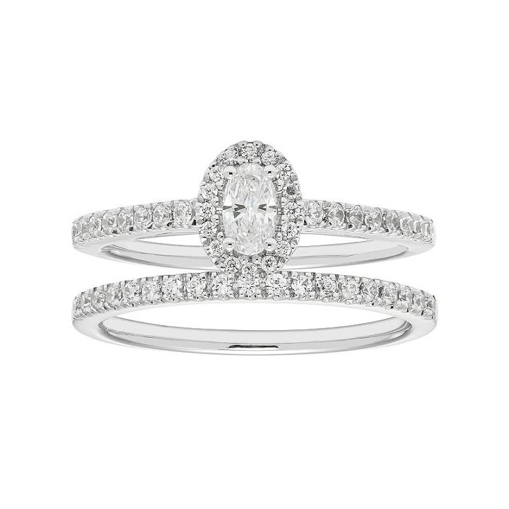 Boston Bay Diamonds 14k White Gold 5/8 Carat T.w. Igl Certified Diamond Oval Halo Engagement Ring Set, Women's, Size: 8.50