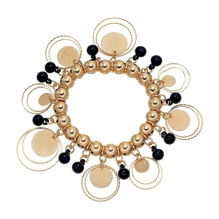Black Bead & Glittery Disc Stretch Bracelet, Women's