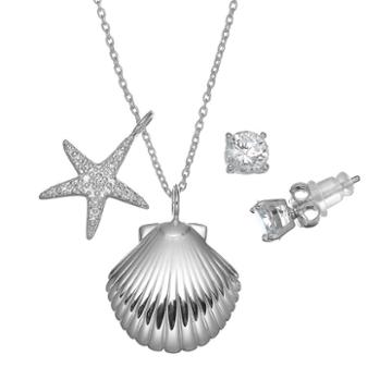 Pure 925 Cubic Zirconia Sterling Silver Shell & Starfish Pendant Necklace & Stud Earring Set, Women's, Size: 18, Grey