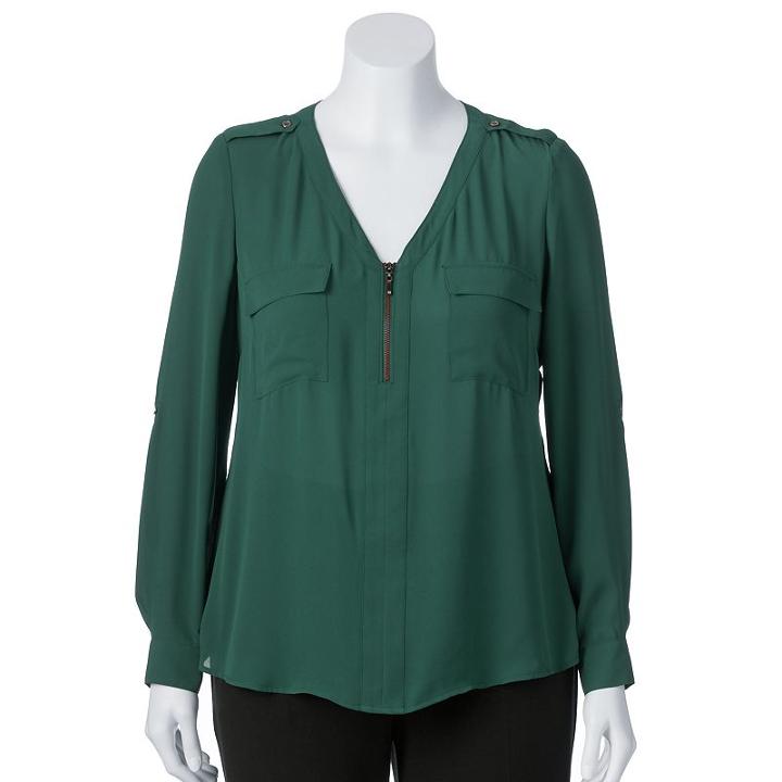 Juniors' Plus Size Candie's&reg; Zip-neck Roll-tab Top, Girl's, Size: 2xl, Dark Green