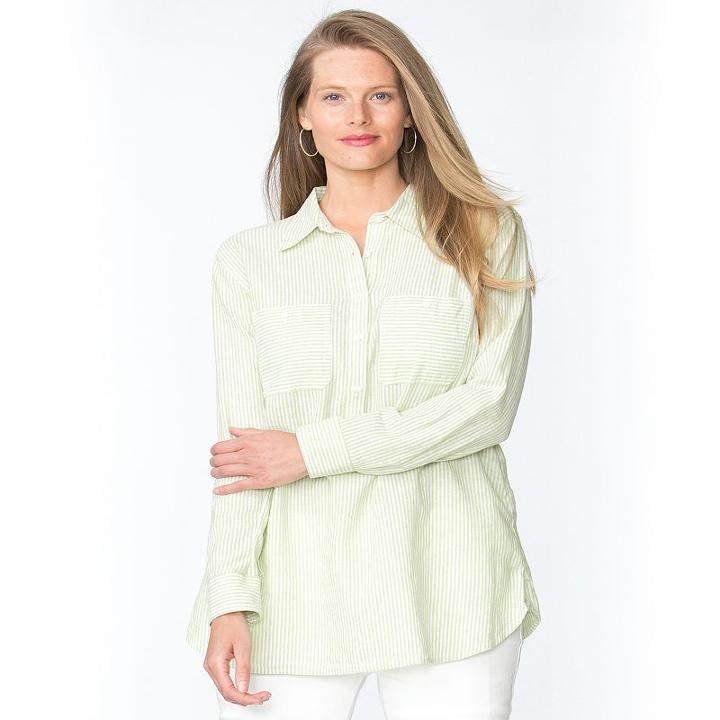 Plus Size Chaps Striped Linen Blend Shirt, Women's, Size: 3xl, Green Oth