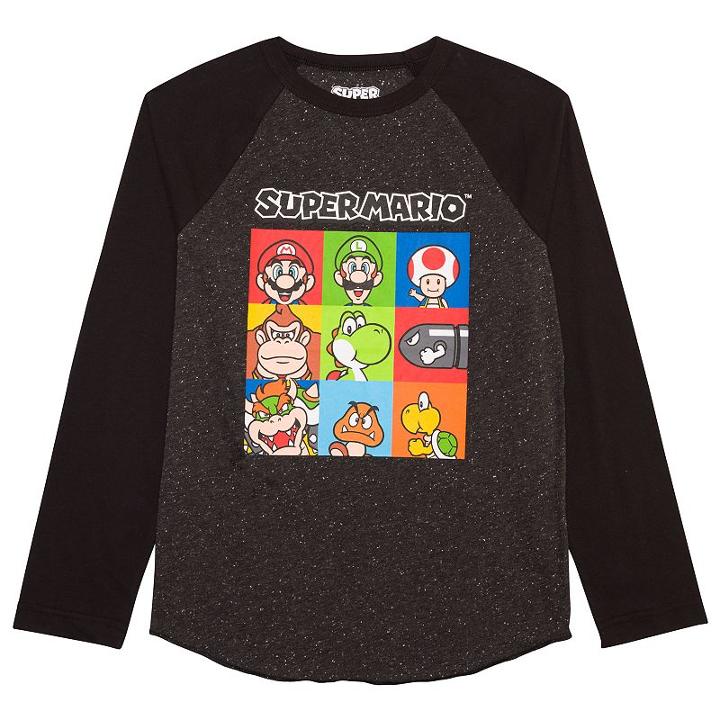 Boys 8-20 Super Mario Bros. Character Raglan Tee, Size: 8, Grey (charcoal)