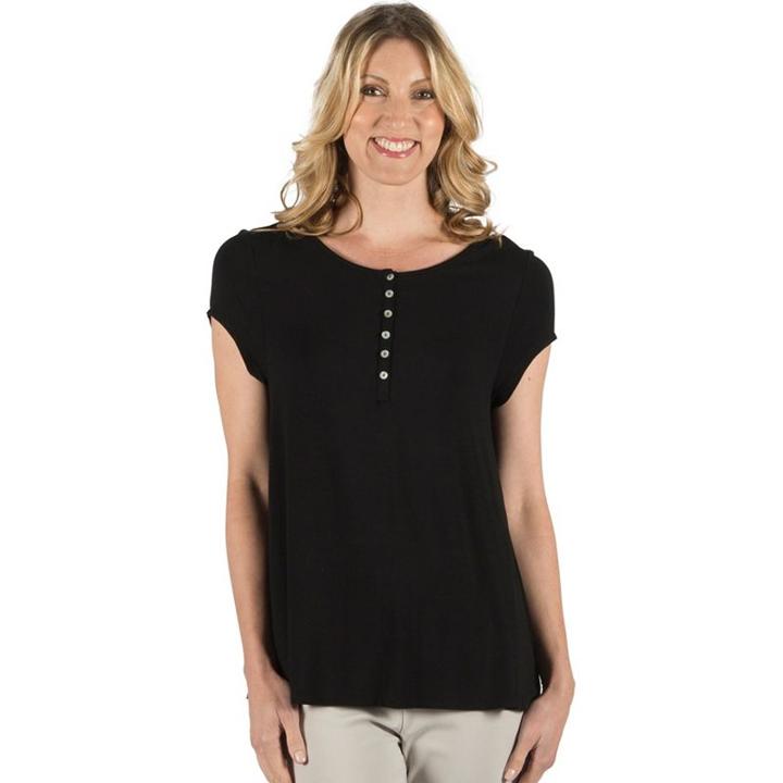 Women's Larry Levine Cap Sleeve Cross Back Henley Top, Size: Large, Black