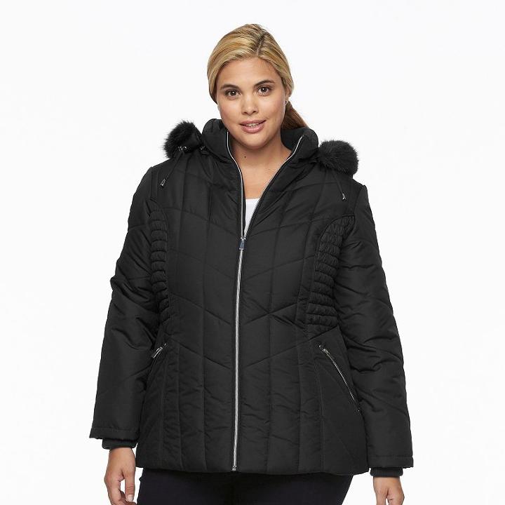 Plus Size D.e.t.a.i.l.s Hooded Smocked Puffer Jacket, Women's, Size: 1xl, Black