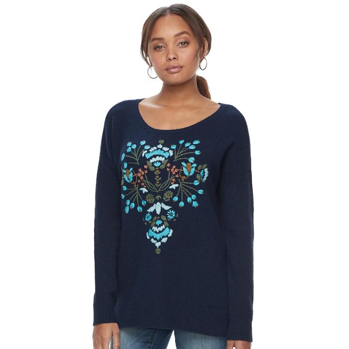 Women's Sonoma Goods For Life&trade; Floral Embroidery Scoopneck Sweater, Size: Xxl, Dark Blue