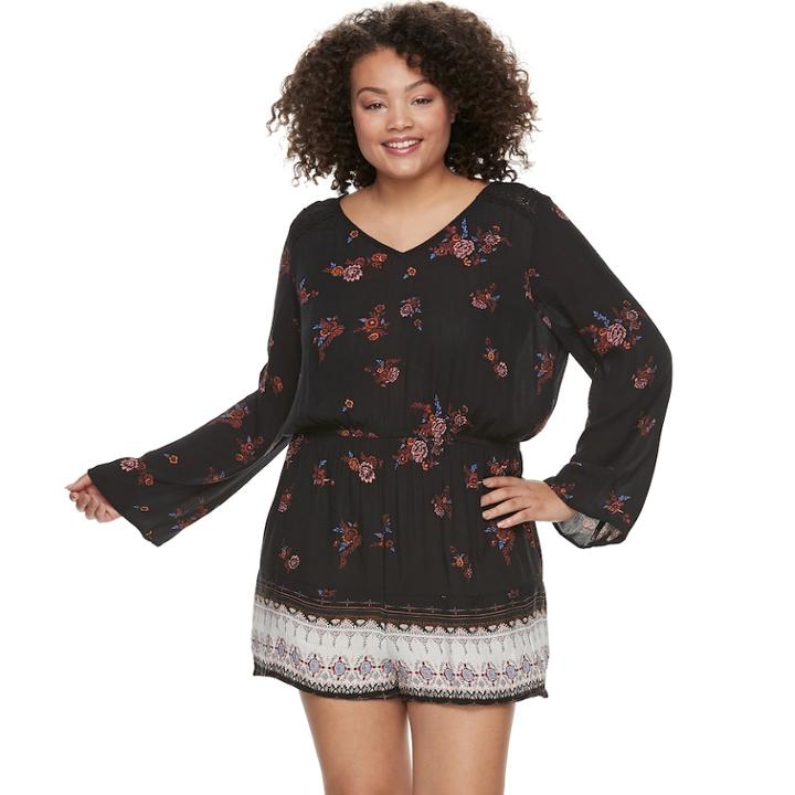 Juniors' Plus Size Mudd&reg; Lace Inset Bell Sleeve Romper, Teens, Size: 2xl, Black