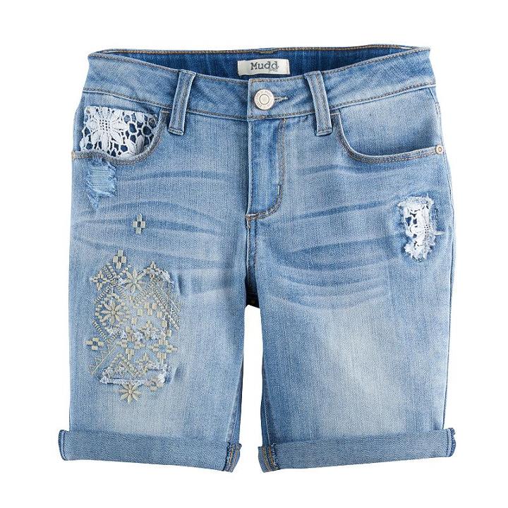 Girls 7-16 & Plus Size Mudd&reg; Embroidered Denim Bermuda Shorts, Girl's, Size: 16, Light Blue