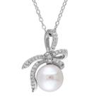 Laura Ashley Sterling Silver Freshwater Cultured Pearl & 1/10 Carat T.w. Diamond Bow Pendant, Women's, Size: 18, White