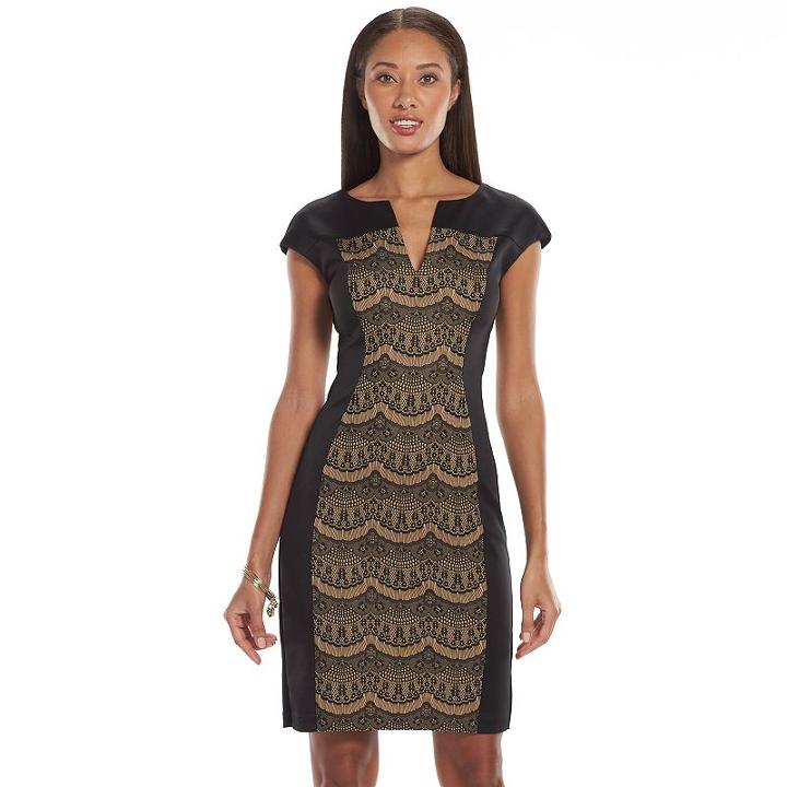 Connected Apparel Lace Scuba Sheath Dress - Women's, Size: 6, Gold