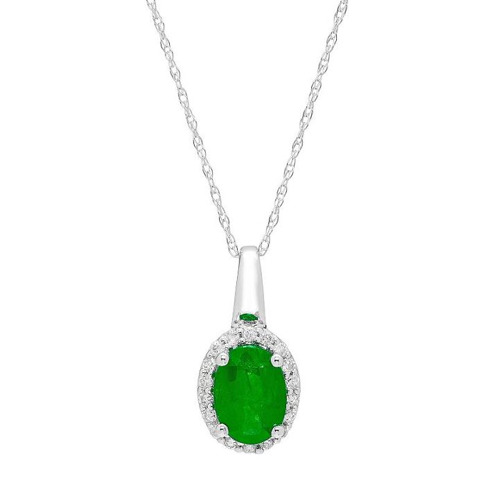 14k White Gold Emerald & 1/10 Carat T.w. Diamond Oval Halo Pendant Necklace, Women's, Size: 18, Green