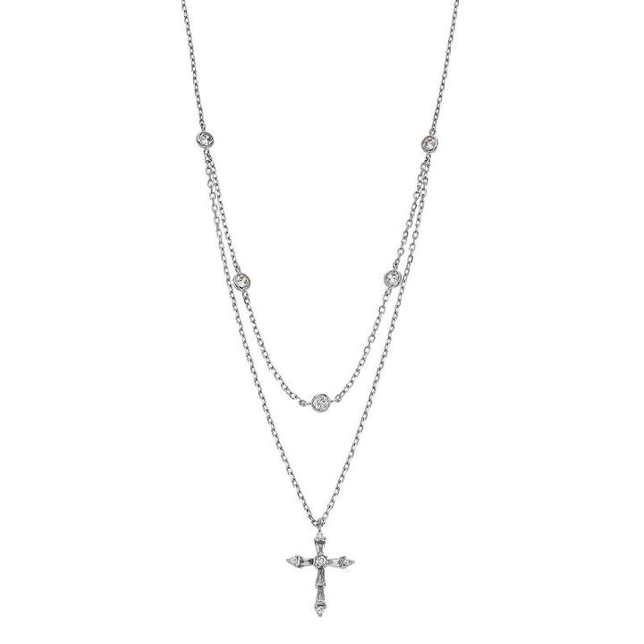 Sterling Silver Cubic Zirconia Double Strand Cross Choker Necklace, Women's, White