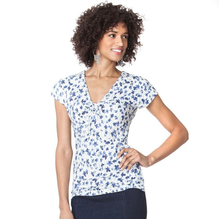 Women's Chaps Floral V-neck Top, Size: Small, Blue