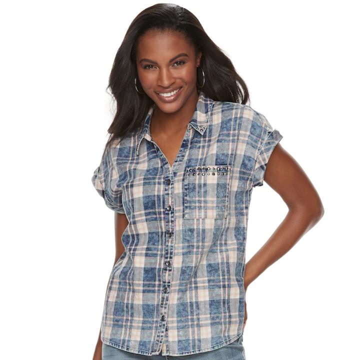 Women's Rock & Republic&reg; Cuffed Embellished Shirt, Size: Large, Blue