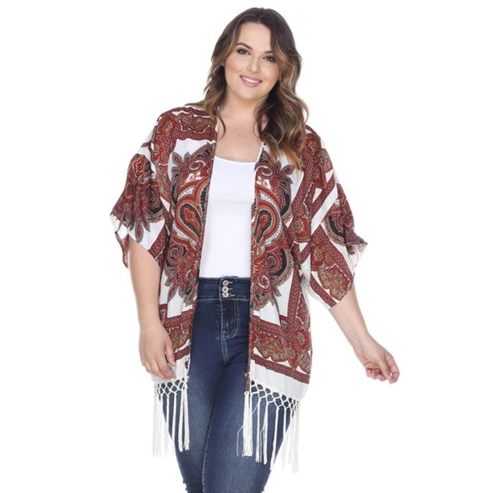Plus Size White Mark Fringe Kimono, Women's, Dark Red