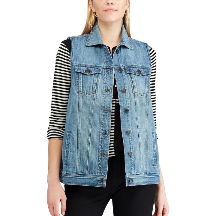 Women's Chaps Long Denim Vest, Size: Small, Blue