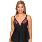 Women's Aqua Couture Waist Minimizer Embroidered Push-up Tankini Top, Size: Small, Black