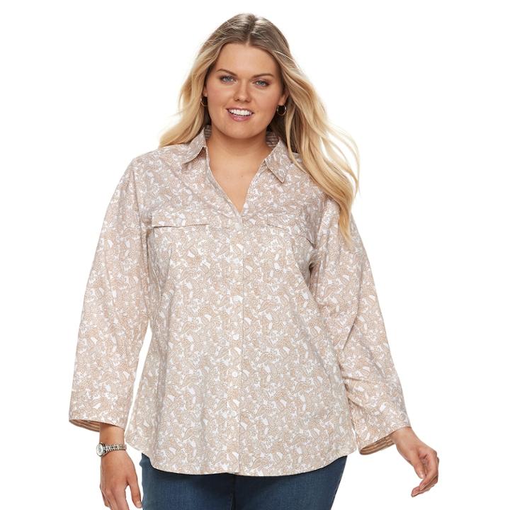 Plus Size Croft & Barrow&reg; Knit-to-fit Roll-tab Shirt, Women's, Size: 2xl, Dark Beige