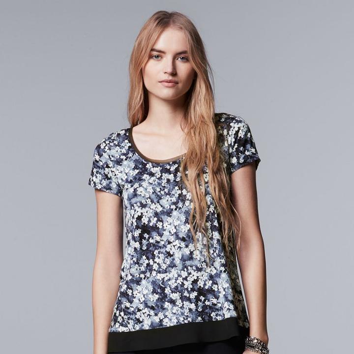 Petite Simply Vera Vera Wang Print Chiffon-trim Tee, Women's, Size: L Petite, Drk Purple