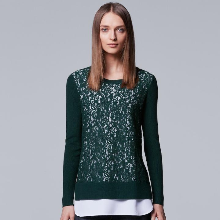 Women's Simply Vera Vera Wang Mock-layer Lace Sweater, Size: Xl, Green