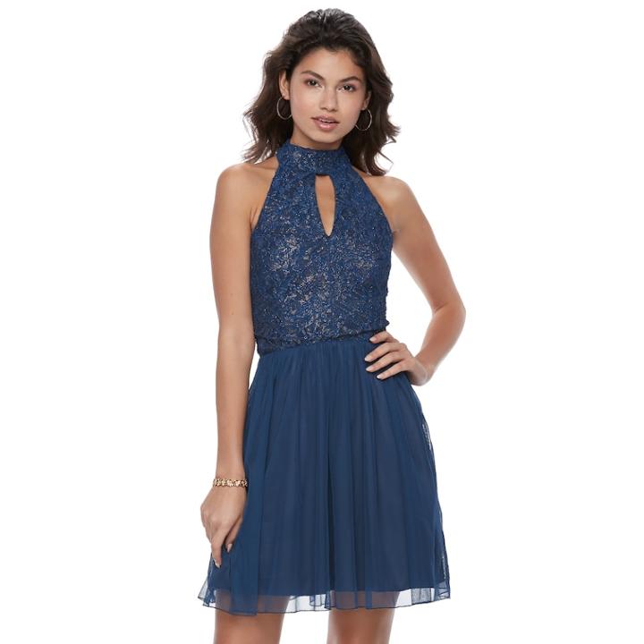 Juniors' Speechless Lace Halter Prom Dress, Teens, Size: 3, Med Blue
