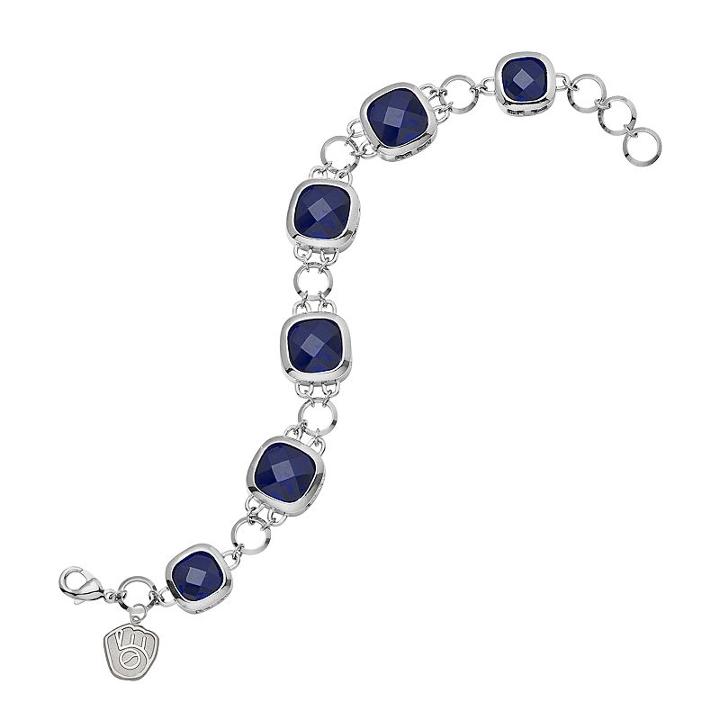 Logoart Milwaukee Brewers Legend Silver Tone Navy Glass Logo Charm Bracelet, Women's, Size: 7.5, Grey