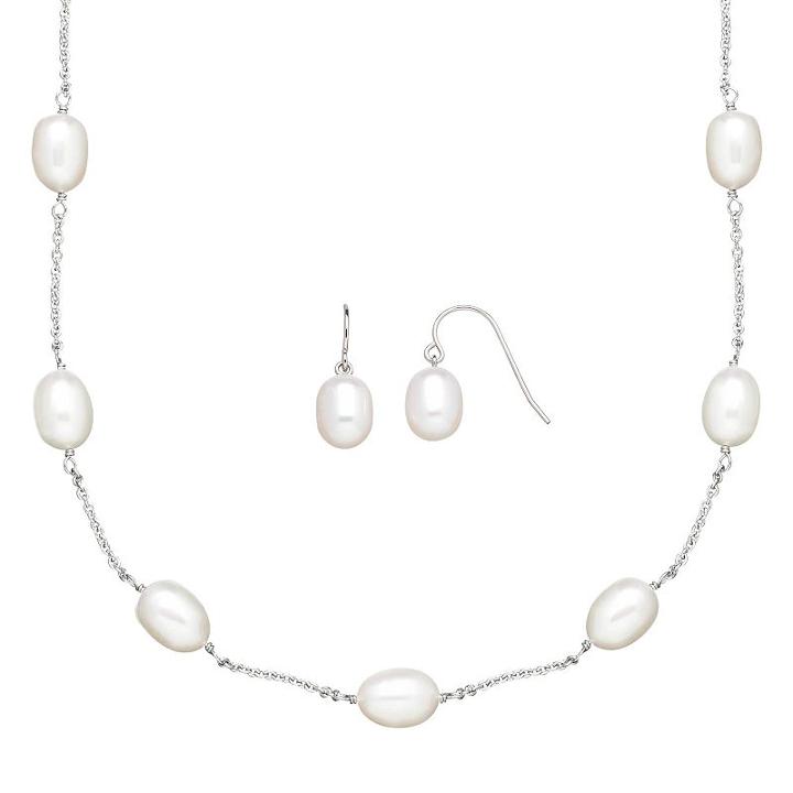 Freshwater By Honora Freshwater Cultured Pearl Sterling Silver Station Necklace And Drop Earring Set, Women's, White