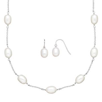 Freshwater By Honora Freshwater Cultured Pearl Sterling Silver Station Necklace And Drop Earring Set, Women's, White