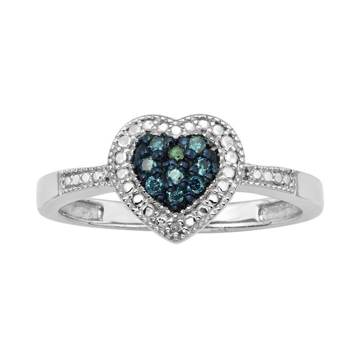 Sterling Silver 1/10-ct. T.w. Blue And White Diamond Heart Ring, Women's, Size: 7