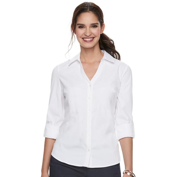 Women's Elle&trade; Solid Roll-tab Shirt, Size: Small, White