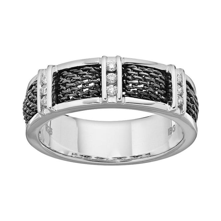 1/6 Carat T.w. Diamond Sterling Silver Mesh Band - Men, Size: 9, Black