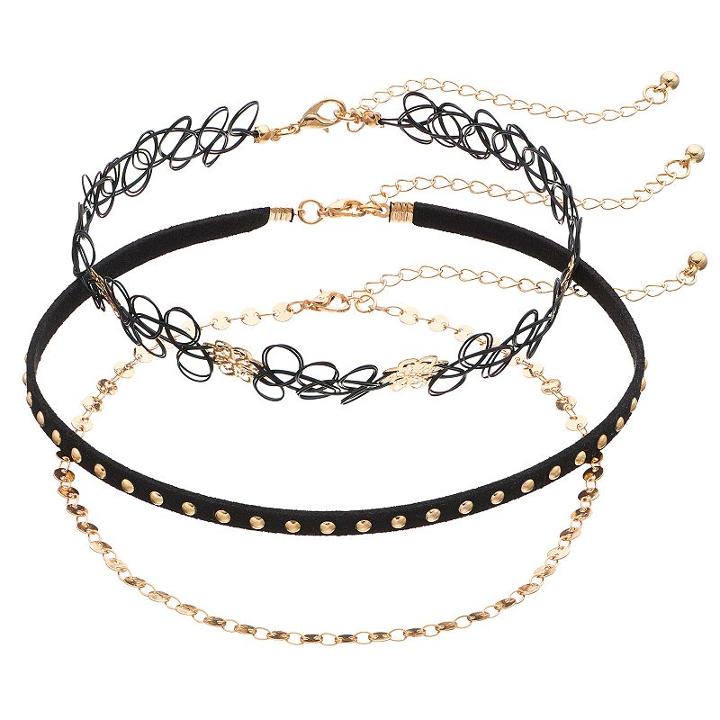 Studded, Chain & Tattoo Choker Necklace Set, Women's, Black