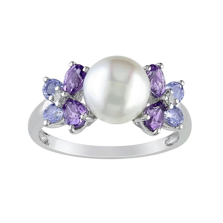 Freshwater Cultured Pearl, Tanzanite, Amethyst And Diamond Accent Sterling Silver Ring, Women's, Size: 6, Purple
