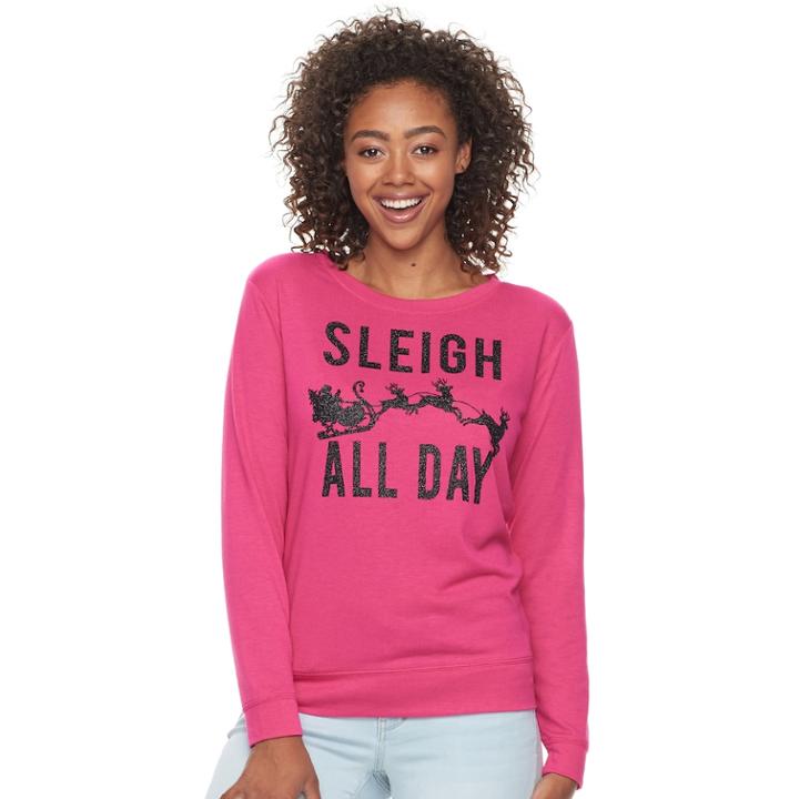 Junior's Fifth Sun Neon Pink Sleigh All Day Glitter Sweatshirt, Teens, Size: Xs