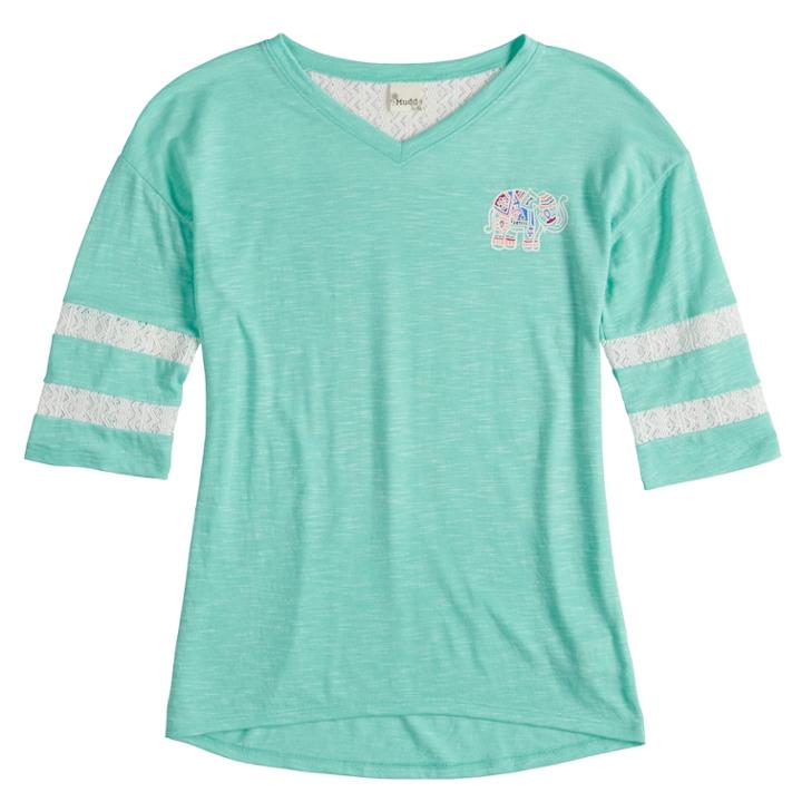 Girls 7-16 Mudd&reg; Crochet Striped Sleeve Varsity Tee, Size: 12, Med Blue