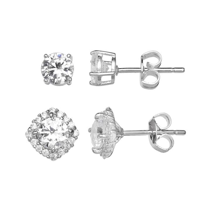 Primrose Sterling Silver Cubic Zirconia Stud & Cushion Halo Earring Set, Women's, White