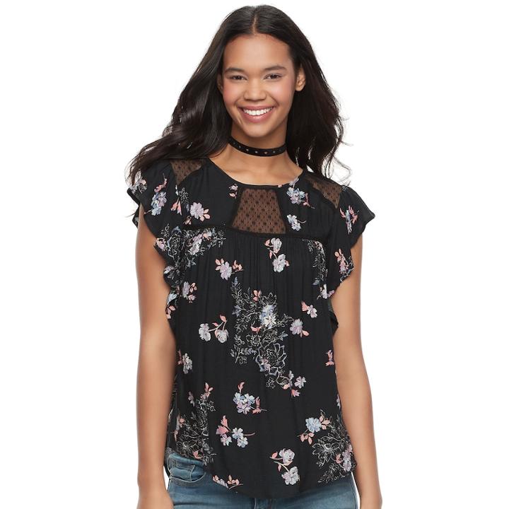 Juniors' Rewind Floral Flutter Sleeve Top, Teens, Size: Xl, Black