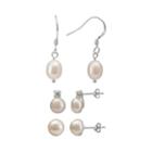Sterling Silver Freshwater Cultured Pearl And Cubic Zirconia Stud And Drop Earring Set, Women's, White