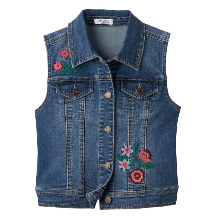 Girls Plus Size Mudd&reg; Floral Embroidered Denim Vest, Size: 16 1/2, Blue