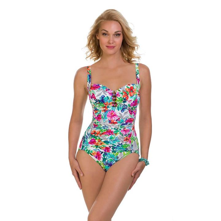 Women's Upstream Tummy Slimming Tropical Flower One-piece Swimsuit, Size: 12, White