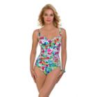Women's Upstream Tummy Slimming Tropical Flower One-piece Swimsuit, Size: 12, White