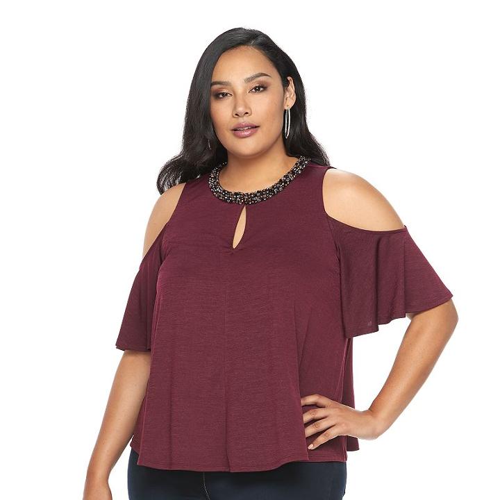Plus Size Jennifer Lopez Embellished Cold-shoulder Top, Women's, Size: 1xl, Dark Red