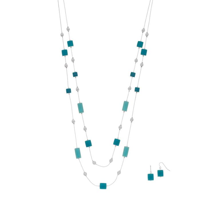 Aqua Beaded Double Strand Necklace & Nickel Free Drop Earring Set, Women's, Turq/aqua