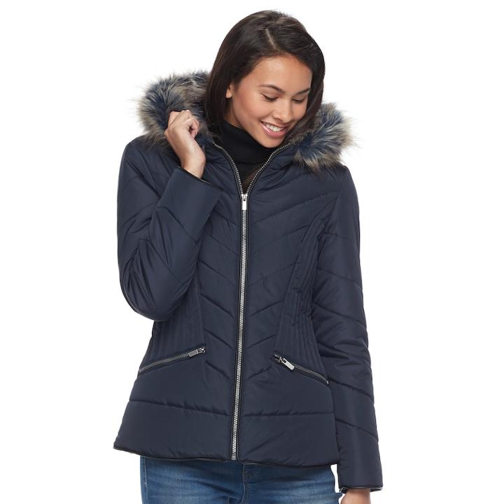 Juniors' Pink Envelope Faux-fur Quilted Puffer Jacket, Teens, Size: Small, Blue
