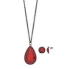 Red Glittery Cabochon Teardrop Pendant Necklace & Drop Earring Set, Women's
