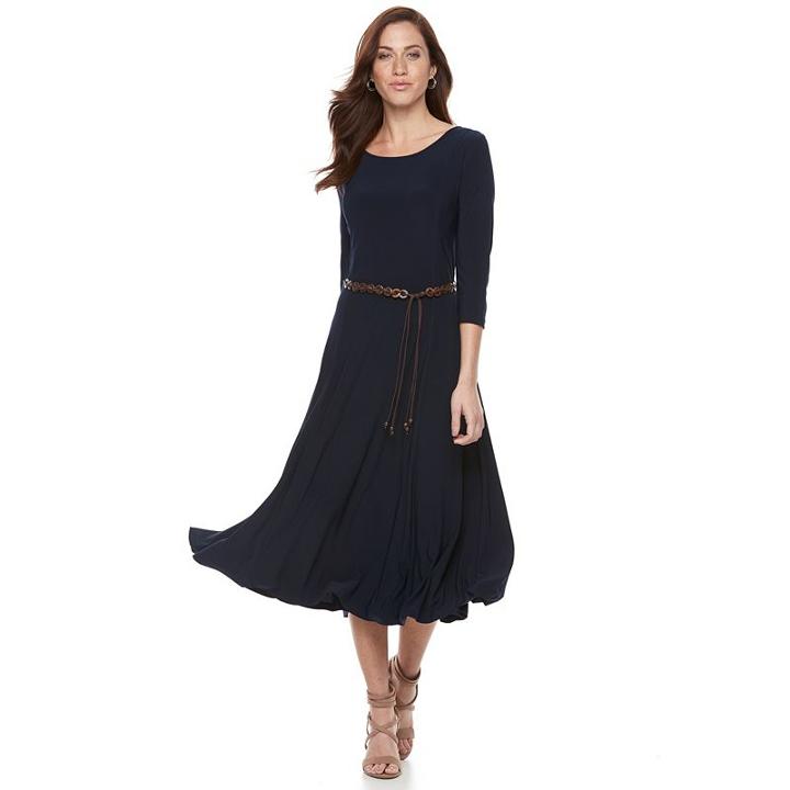Women's Nina Leonard Belted Gored Dress, Size: Small, Blue (navy)