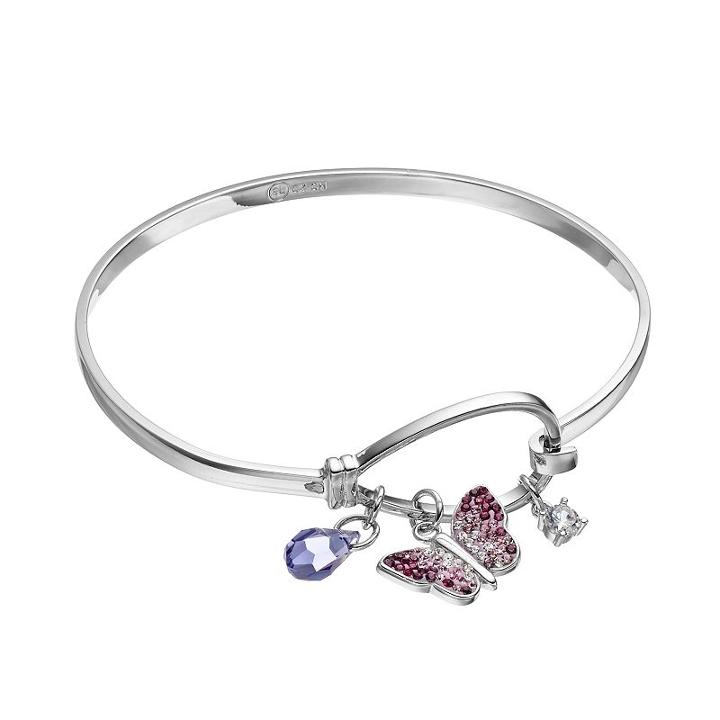 Silver Tone Crystal Butterfly Charm Bangle Bracelet, Women's, Purple
