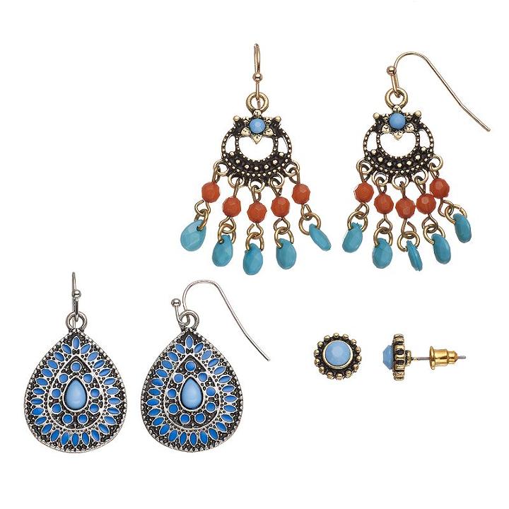 Mudd&reg; Antiqued Teardrop, Beaded Chandelier & Round Earring Set, Teens, Multicolor