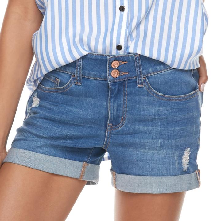 Juniors' So&reg; Double-button Denim Midi Shorts, Teens, Size: 11, Blue