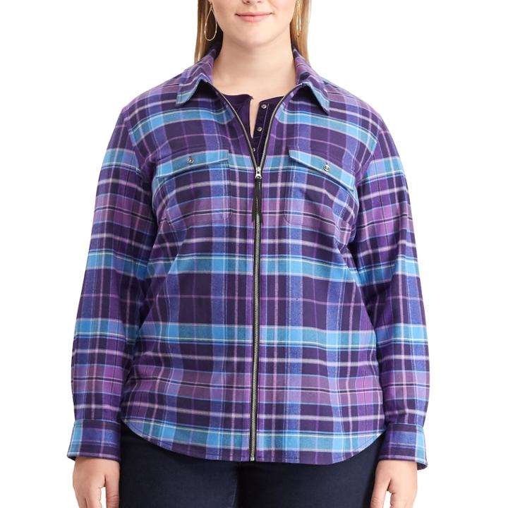 Plus Size Chaps Plaid Twill Zip-front Shirt, Women's, Size: 3xl, Purple